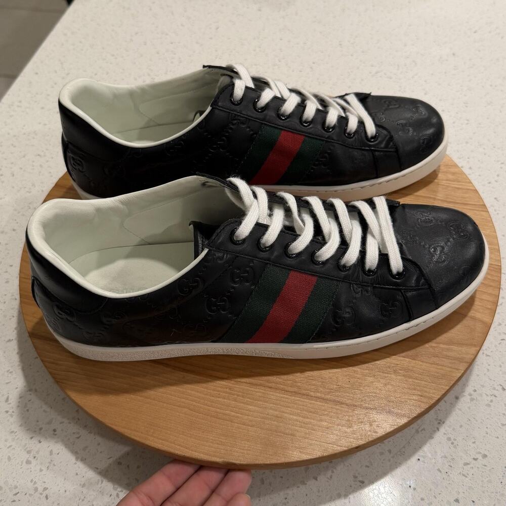 Gucci Shoes Men 11.5 GG Ace Logo Black Leather Low Top Sneakers Italy Luxury